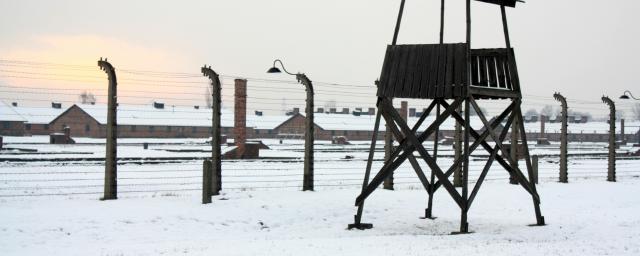 wachttoren en prikkeldraad in Auschwitz
