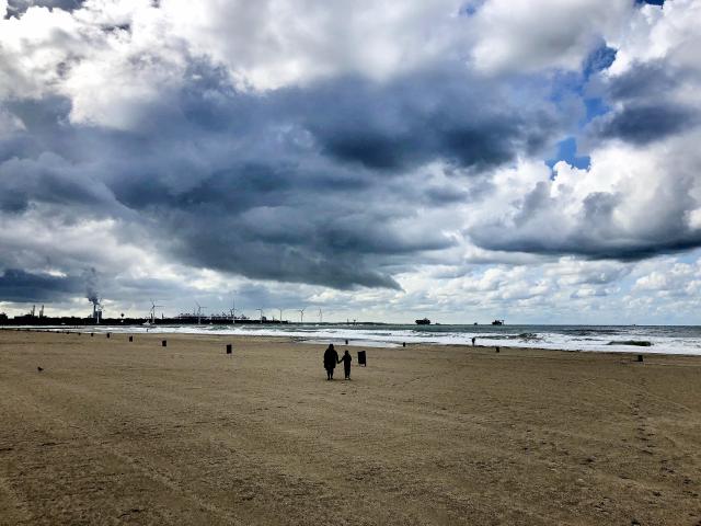 strand onder een lucht van donkere wolken