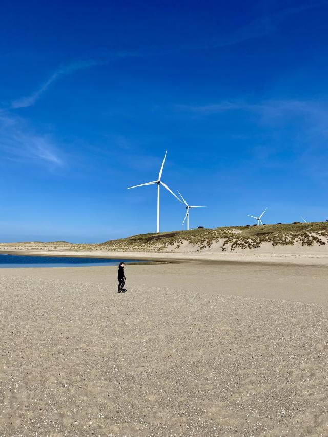 jongen op het strand met in de verte een windmolen