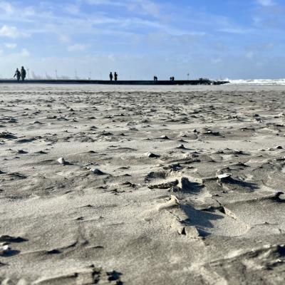 het strand dichtbij het zand met op de achtergrond de pier waarop mensen lopen