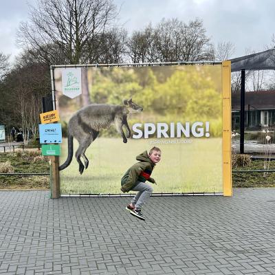 Mats springt voor een bord met daarop een kangoeroe en het woord "Spring"